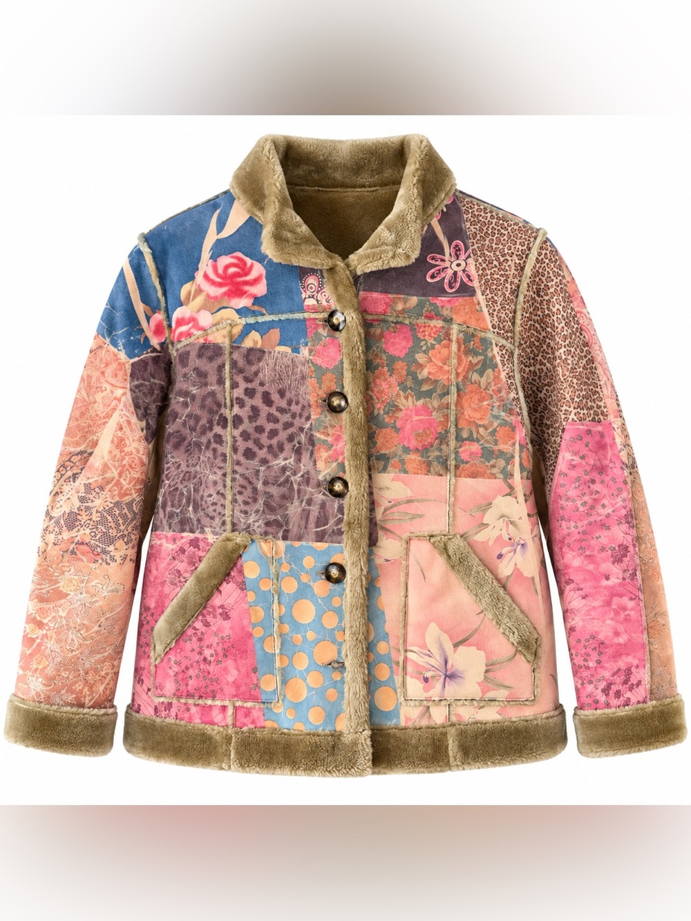 Vintage Coldwater Creek Patchwork Faux Shearling Boho Jacket 1X Floral Leopard